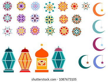 Dibujo vectorial de objetos para la festividad de Ramadán Kareem para carteles, postales con patrones geométricos islámicos, luna, estrella, linternas.