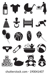 Vector illustration of objects related to baby and parenting. Black and white icon set.