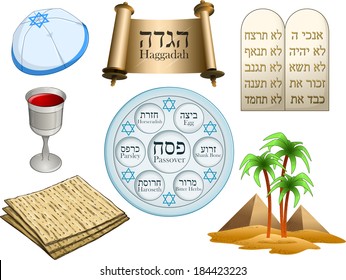 Vector illustration of objects related to the Jewish holiday Passover. Hebrew on top-right are the Ten Commandments. The rest of the Hebrew text has English translation. 