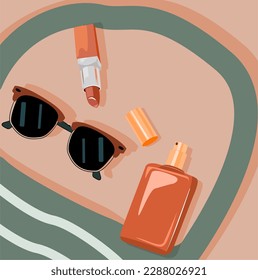 Vector illustration of objects for relaxing on the beach in summer. Women's handbag with lipstick, sun glasses and perfume, body spray. Fashionable illustration of face and body cosmetics. Vintage