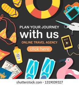 Vector illustration of objects that are associated with summer, traveling, vacation by the sea. Creative blog post and banner template in a flat style.