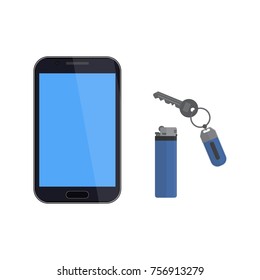 Vector illustration with objects.Flat design with phone, lighter, key.