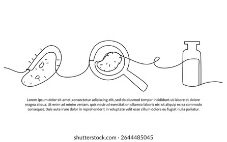 Ilustração vetorial de observação de bactérias usando uma lupa. Plano moderno em estilo de linha contínua.