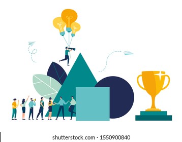 vector illustration, observation through a telescope, an obstacle to the cup and success, teamwork to solve problems