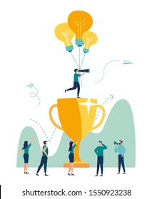 vector illustration, observation through a telescope standing on top of a cup, move up motivation, path to achieving a goal