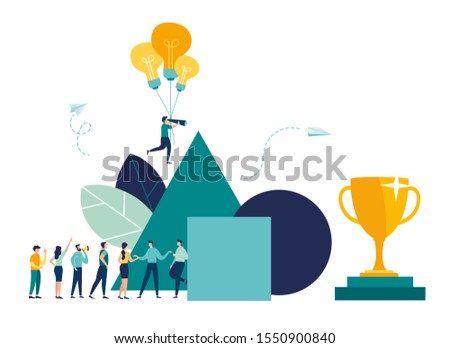vector illustration, observation through a telescope, an obstacle to the cup and success, teamwork to solve problems