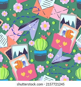 Vector illustration of obsolete processing machine. 90s style user interface. Cartoon style. Folder icons with photos, email icons. Seamless Pattern. Light background, wallpaper