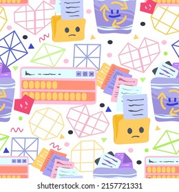 Vector illustration of obsolete processing machine. 1980 -1990 style ui. Cartoon style.  Open computer windows, trash can icons. Seamless Pattern. Light background