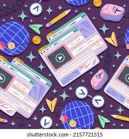 Vector illustration of obsolete processing machine. 90s style ui. Cartoon style. Open computer web windows, internet icon. Seamless Pattern. background, wallpaper