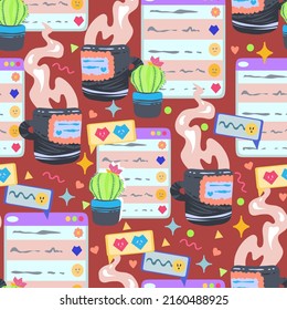 Vector illustration of obsolete processing machine. 90s style ui. Open web Chat Window, cup coffee. Pattern. Dark background, wallpaper, cartoon style