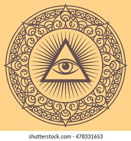 Vector illustration of occult sign third eye with ornamental mandala. Mystic symbol for bohemian design. Sacred tattoo eye in triangle