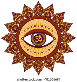 Vector illustration of occult sign third eye with ornamental mandala. Mystic symbol for bohemian design. Sacred tattoo eye in triangle