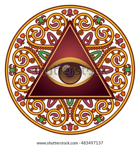 Vector illustration of occult sign third eye with ornamental mandala. Mystic symbol for bohemian design. Sacred tattoo eye in triangle