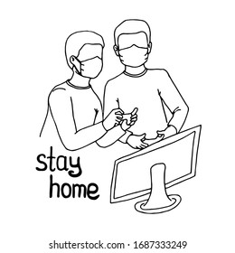 Vector illustration of occupation at home during quarantine. Teenagers in protective masks play computer games, stay at home, do not go out. Hand-drawn icon.