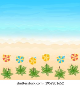 Vector illustration. Ocean from above. Banner, site, poster template. Paradise beach with waves and umbrella.