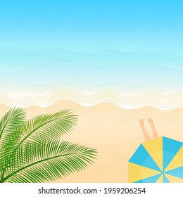Vector illustration. Ocean from above. Banner, site, poster template. Paradise beach with waves and umbrella.