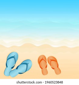 Vector illustration. Ocean from above. Banner, site, poster template. Paradise beach with waves and sandals.