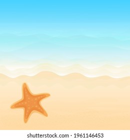 Vector illustration. Ocean from above. Banner, site, poster template. Paradise beach with waves and starfish.