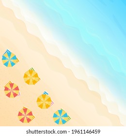 Vector illustration. Ocean from above. Banner, site, poster template. Paradise beach with waves and umbrella.
