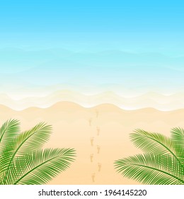 Vector illustration. Ocean from above. Banner, site, poster template. Paradise beach with waves and palm leaves.