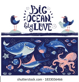 Vector illustration of ocean animals and fish with lettering. Marin picture.