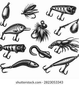 Vector illustration of ocean animals including fish jellyfish octopus crab and seahorse in monochrome