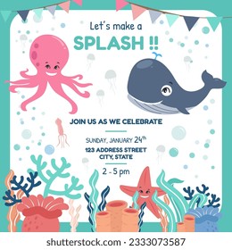 A vector illustration of Ocean Animals Themed Party Invitation Card 