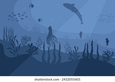 ilustración vectorial de fondo oceánico con vida submarina