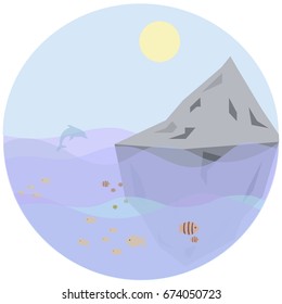 vector illustration ocean, fish and mountain