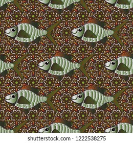 Vector illustration. Ocean fish on colored background. Beautiful seamless pattern with orange, brown and green fishes. Hand-drawn watercolor sea life.