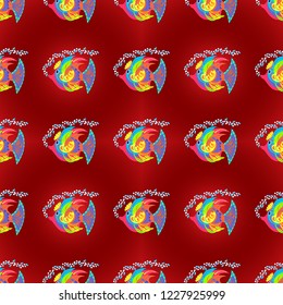 Vector illustration. Ocean fish on colored background. Beautiful seamless pattern with blue, violet and red fishes. Hand-drawn watercolor sea life.