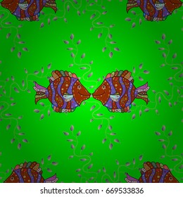 Vector illustration. Ocean fish on colored background. Cute and simple seamless pattern with colorful fish.