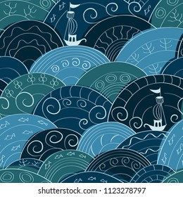 Vector illustration of Ocean in the form of a seamless pattern. Perfect design for posters, cards, textile, web pages. Beautiful hand-drawn. Scandinavian style.