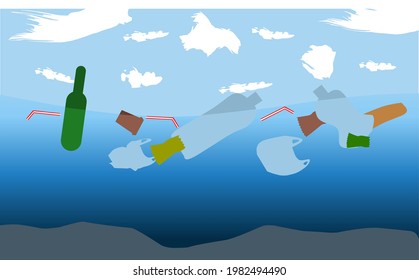 Vector illustration of an ocean full of floating garbage, perfect for the World Ocean Day template or background