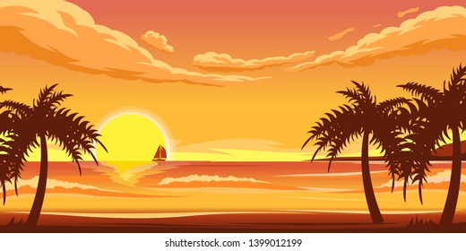Vector illustration of ocean landscape. Sunset on the ocean beach