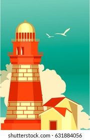 Vector illustration of an ocean lighthouse on  cloud and steering wheel on a vintage poster sea
