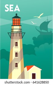 Vector illustration of an ocean lighthouse on a background cloud and steering wheel on a vintage poster sea