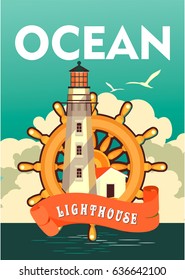 Vector illustration ocean lighthouse and steering wheel on a vintage poster sea theme travel