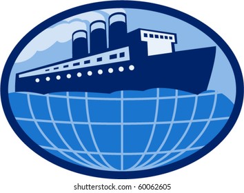 vector  illustration of an Ocean liner boat ship at sea with globe set inside an ellipse