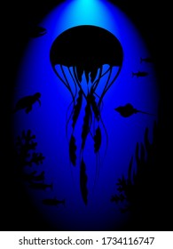 Vector illustration. Ocean at night. Jellyfish and other marine animals.