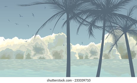 Vector illustration of ocean with palm tree birds and clouds in blue tone.