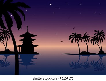 vector illustration with ocean, palms and pagoda