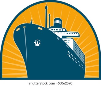 vector  illustration of an Ocean passenger liner boat ship at sea viewed from low angle done in retro style