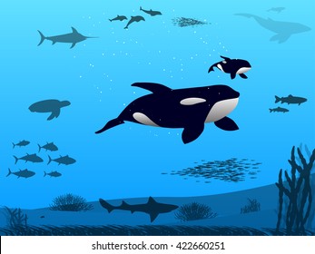 Vector illustration ocean sea underwater world. Marine animals and fish. Background for web pages and mobile phone applications. Underwater sea life. 