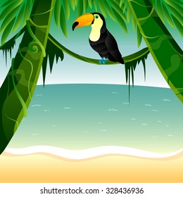 vector illustration of ocean, seen through the tropical trees, with toucan on liana