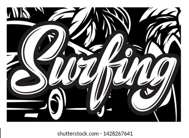 Vector illustration with ocean shore on the theme of surfing.