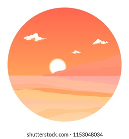 vector illustration of ocean sunset in circle frame