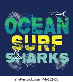 vector illustration of ocean surf and shark theme. t shirt graphics