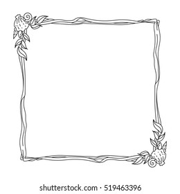 Vector illustration of ocean themed frame with shells and seaweed isolated on white.