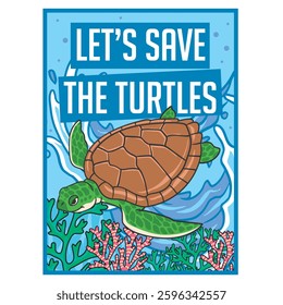 Vector Illustration of Ocean Turtle with Cute Illustration Available for Poster